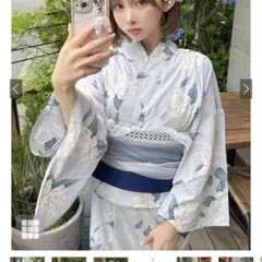 青色・白色花柄 浴衣・帯セット