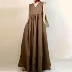 ボリュームフレアVネックロングワンピース★ノースリーブ/ゆったり/オーバーサD