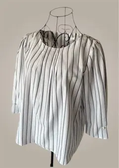 【DRESKIP 】七分袖ブラウス 白×ネイビー ストライプ 袖口パール