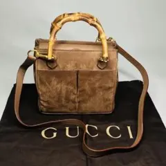 美品　GUCCI(グッチ）バンブー2WAYハンドバッグスウェードレザー/ブラウン