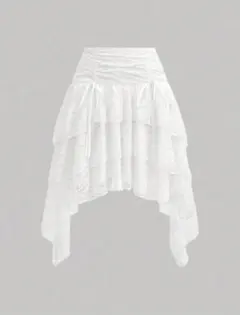 SHEIN MOD ホワイトレース装飾非対称 フリルヘムスカート