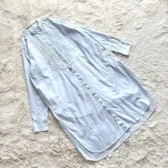 F4 バンドカラーピンタックシャツワンピース　長袖　スリット　水色　M 無地