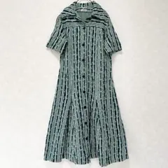 昭和レトロ ビンテージ 半袖 ワンピース ドット 総柄 幾何学 グリーン 緑 M