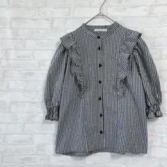 【アミスタ】白黒 フリル付きギンガムチェックシャツ ５分袖 Lサイズ a2945
