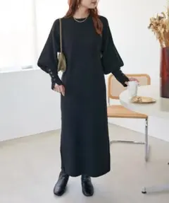 メランジ袖口ボタンニットワンピース