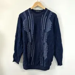 総柄ニット セーター ネイビー L レトロ 古着 ゆるだぼ