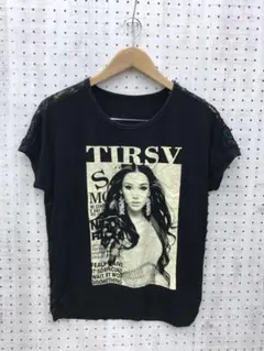 Y2K ロックギャル古着 ストーン×ガールフォト 肩シースルーレース Tシャツ