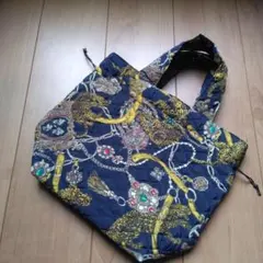 【SALE】キルティング　巾着バッグ　　ブルー