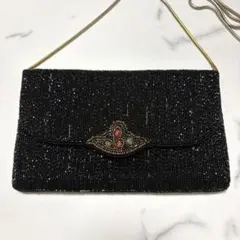 【美品・希少】LUMYはしもと ビーズパーティーバッグ 黒 ヴィンテージ 皇室御用達】Lumy はしもと ビーズバッグ パーティー バッグ 刺繍 希少