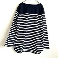 ボーダー パネルボーダー カットソー 長袖 ネイビー ホワイト Cotton切替