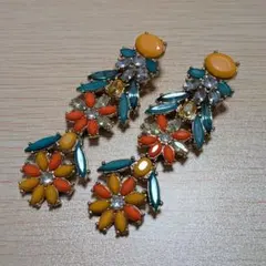 ヴィンテージ風　フラワー ストーン カラフル ロング ピアス