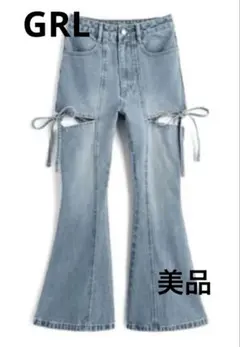 【完売品】GRL サイドカットアウトリボンフレアデニムパンツスナ系ワンホンホビ垢