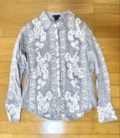 BCBGMAXAZRIA 花柄刺繍 グレー シャツ L