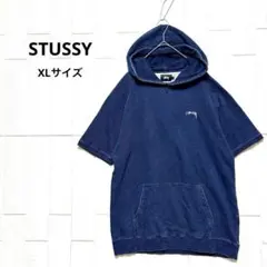 美品 STUSSY ステューシー 半袖 フード スウェット インディゴブルーXL