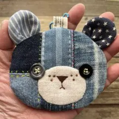 デニムリメイク・パッチワーク・くまポーチ・ハンドメイド・No.105