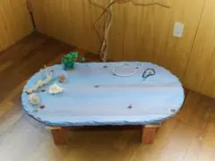 こだわり製作創りたて！国産無垢材使用・円卓テーブル・エメラルドグリーン こだわり製作創りたて！国産無垢材使用・円卓テーブル・エメラルド