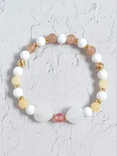 【イエロー】♥ハートリボン♥ブレスレット　天然石　パワーストーン　パステルカラー