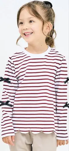新品スカラップリボンTシャツ 赤と白のストライプ 長袖カットソー100