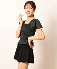 【新品未使用】ランダムドット柄 シャーリングフリル水着 体型カバー　3点セット