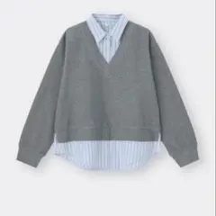 GU グレー Vネック レディース ドッキングシャツ 【L】