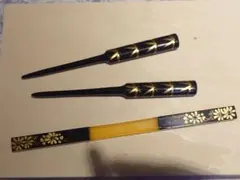 和装小物セット 蒔絵かんざし3本・ 花模様 黒塗り 金彩