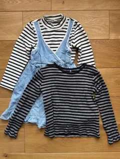 ストライプ長袖カットソー(ユニクロ)とデニムジャンパースカートセット