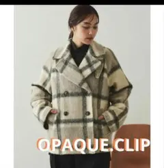 オペークドットクリップ　ビッグチェック　ミドルPコート　ベージュ×グレー