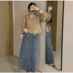 ショート丈　シャーリングブラウス　レディース秋　韓国