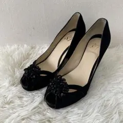 Style81 オープントゥパンプス ウエッジソール リボン・ビジュー スエード