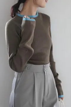 新品bonjour saganボンジュールサガン配色デザインリブニットブラウン