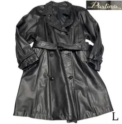 【Partina】牛革 マキシ丈カウレザートレンチコート ロング ベルト 黒 L