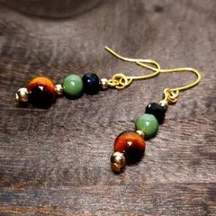 【112】タイガーアイ　カーキ　ピアス 　　　ハンドメイド