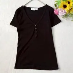 【グラシア】黒　Tシャツ　リブ　半袖　コットン100% Mサイズ　無地　部屋着