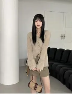 ベージュ ファー風 カーディガン 長袖