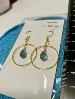 Ｎｏ．81 手作り ゴールド フープ ピアス 青緑 ビーズ ドロップビーズ