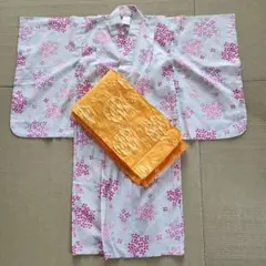 女の子浴衣 110cm 花柄 オレンジ帯付き