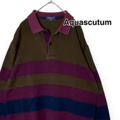 日本製　Aquascutum　ポロシャツ　長袖　ボーダー　刺繍ロゴ