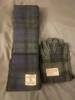 【美品】Harris Tweed チェック柄WOOLマフラー　手袋　セット
