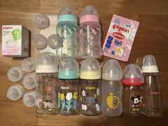 【美品】ピジョン 母乳実感等　哺乳瓶 8本セット 乳首15個+除菌料 まとめ売り