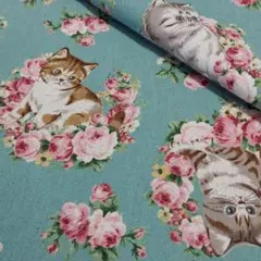 ✿Girly rose cat <綿麻キャンバス> 生地 [くすみグリーン]