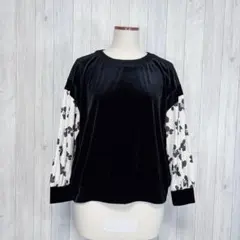 【JUDYCOLLECTION】長袖トップス ベロア 花柄 異素材合わせ 秋冬