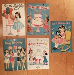 ヴィンテージ・レトロ バースデーカード 5枚セット（少女・子猫・50sガーリー）
