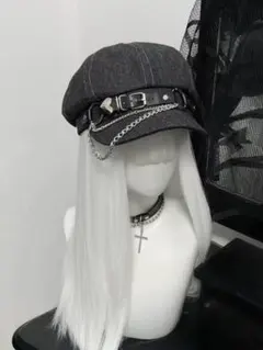 Y2K オリジナル サブカル デニムキャスケット ハートチェーン クール