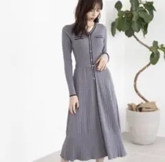 ミッシュマッシュ MISCHMASCH 配色プリーツニットワンピース グレー