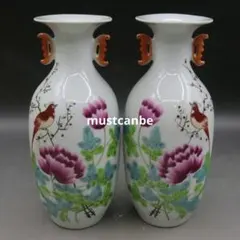 大清乾隆手画粉彩花鳥紋梅瓶一対  景徳鎮  陶磁器  現代工芸品 美術品 置物 大清乾隆手画粉彩花鳥紋梅瓶一対 景徳鎮 陶磁器