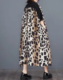 シャツワンピース ロングワンピース　黒　ベージュ　バイカラー　アニマル柄　マキシ