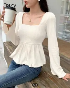 DAZY スクエアーネック ソリッドカラー スリムフィット 長袖 Tシャツ