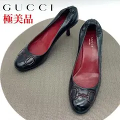 極美品 GUCCI ブラックレザー ホースビット エナメル パンプス