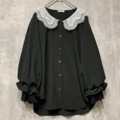 axes femme スカラップ刺繍襟 ブラウス 黒 ボリューム袖 九分袖のサムネイル