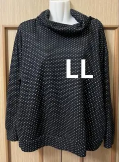 美品　長袖ハイネックカットソー　LL 黒×白　ドット柄　ブラック×ホワイト